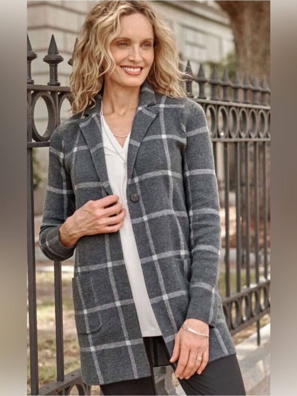 J. Jill Gray and Light Gray Windowpane Plaid Cardigan